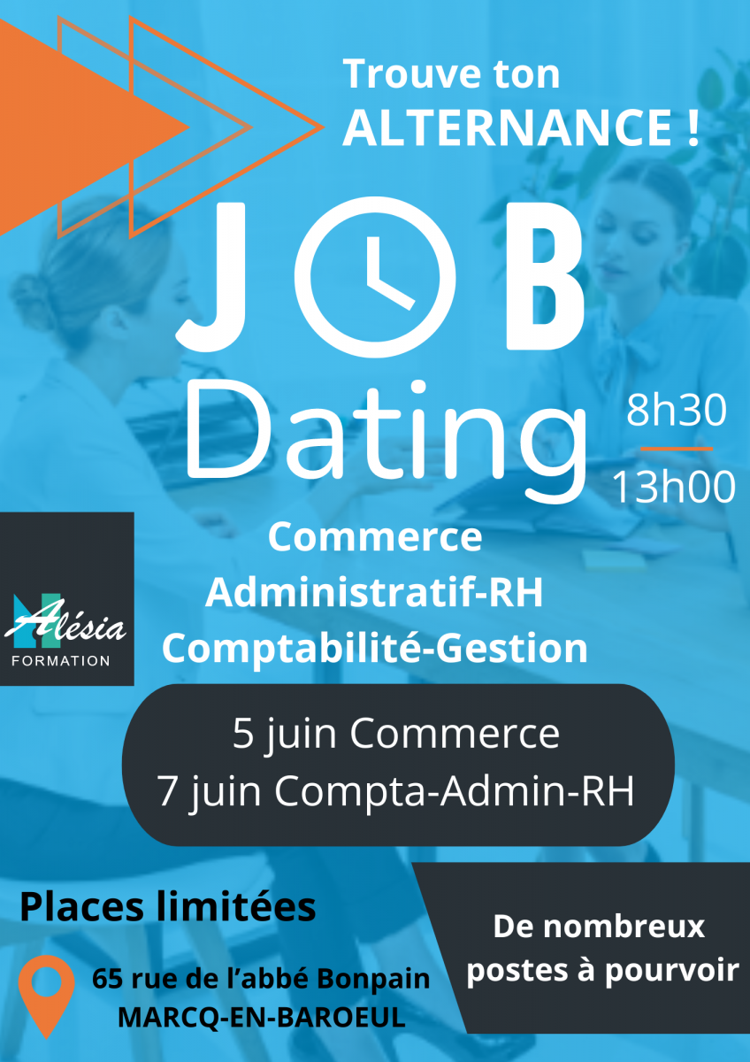 Trouve ton alternance chez Alesia Formation : Job Dating de 8h30 à 13h le 07/06/2024